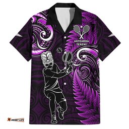 Custom New Zealand Tiki Tennis Hawaiian Shirt 2024 Aotearoa Tenehi Maori Silver Fern Purple