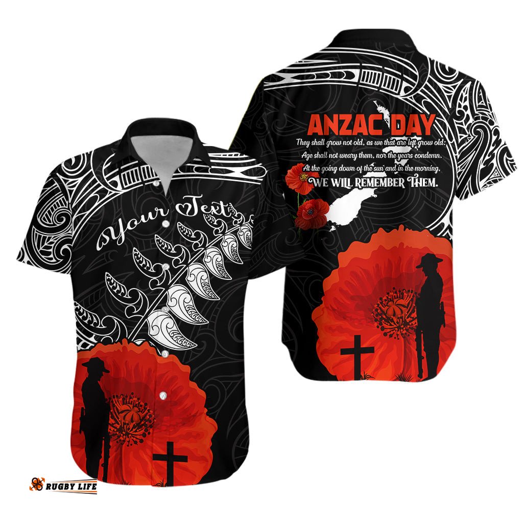 Custom Personalised New Zealand ANZAC Hawaiian Shirt Maori Mix Fern Poppy