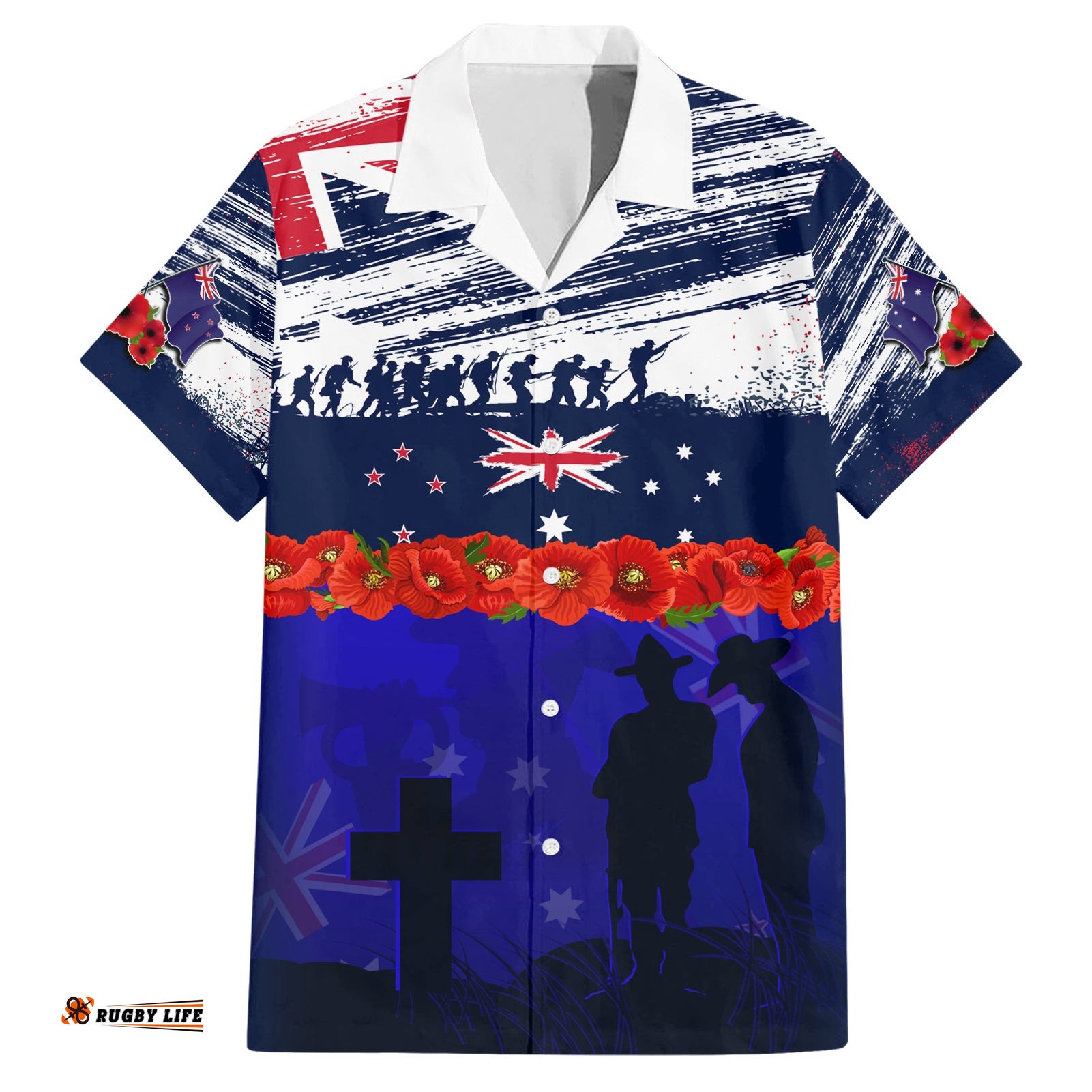 New Zealand and Australia ANZAC Day Hawaiian Shirt Lest We Forget Red Poppy Flowers and Soldier