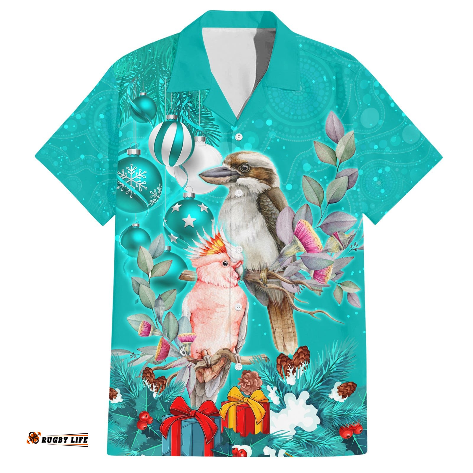 Kookaburra and Cockatoo Hawaiian Shirt Australia Merry Christmas Aboriginal Teal Style