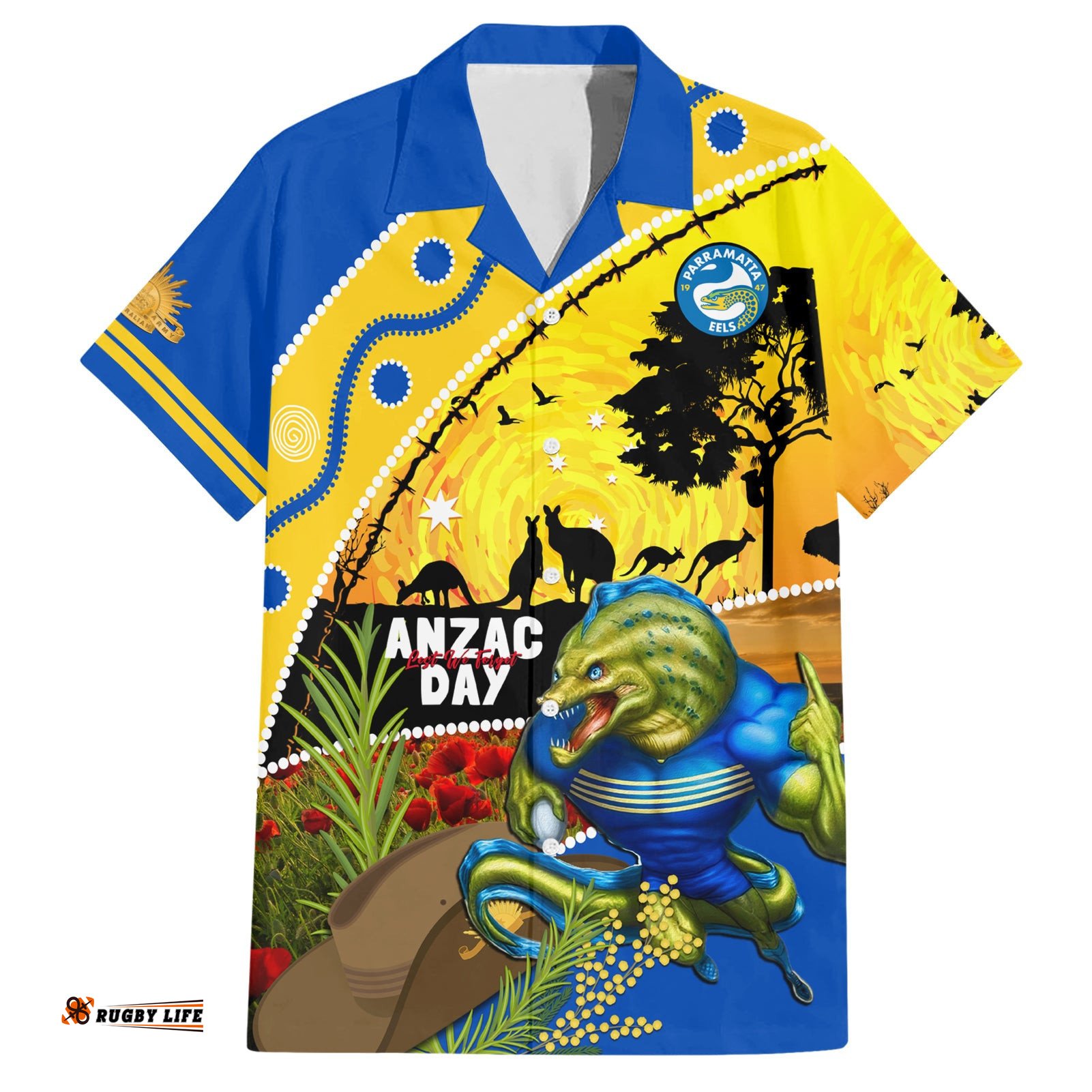 Eels Rugby ANZAC Day Hawaiian Shirt Parra Mascot Rosemary Starry Night