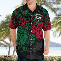 Custom Rabbitohs Rugby Hawaiian Shirt Bunnies Hibiscus and Turtle With Polynesian Pattern