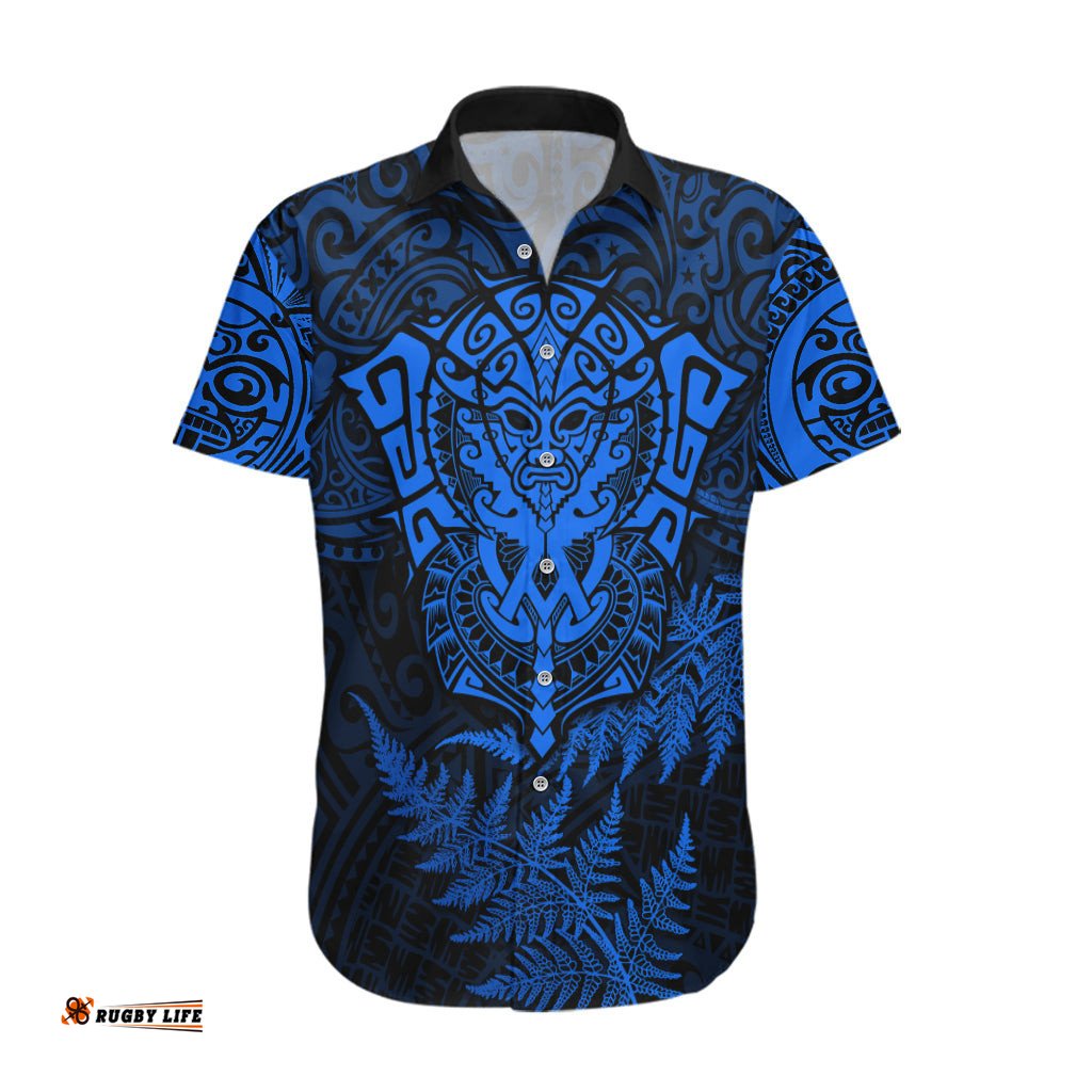 New Zealand Rugby Hawaiian Shirt Silver Fern All Black Mix Ta Moko Blue Style