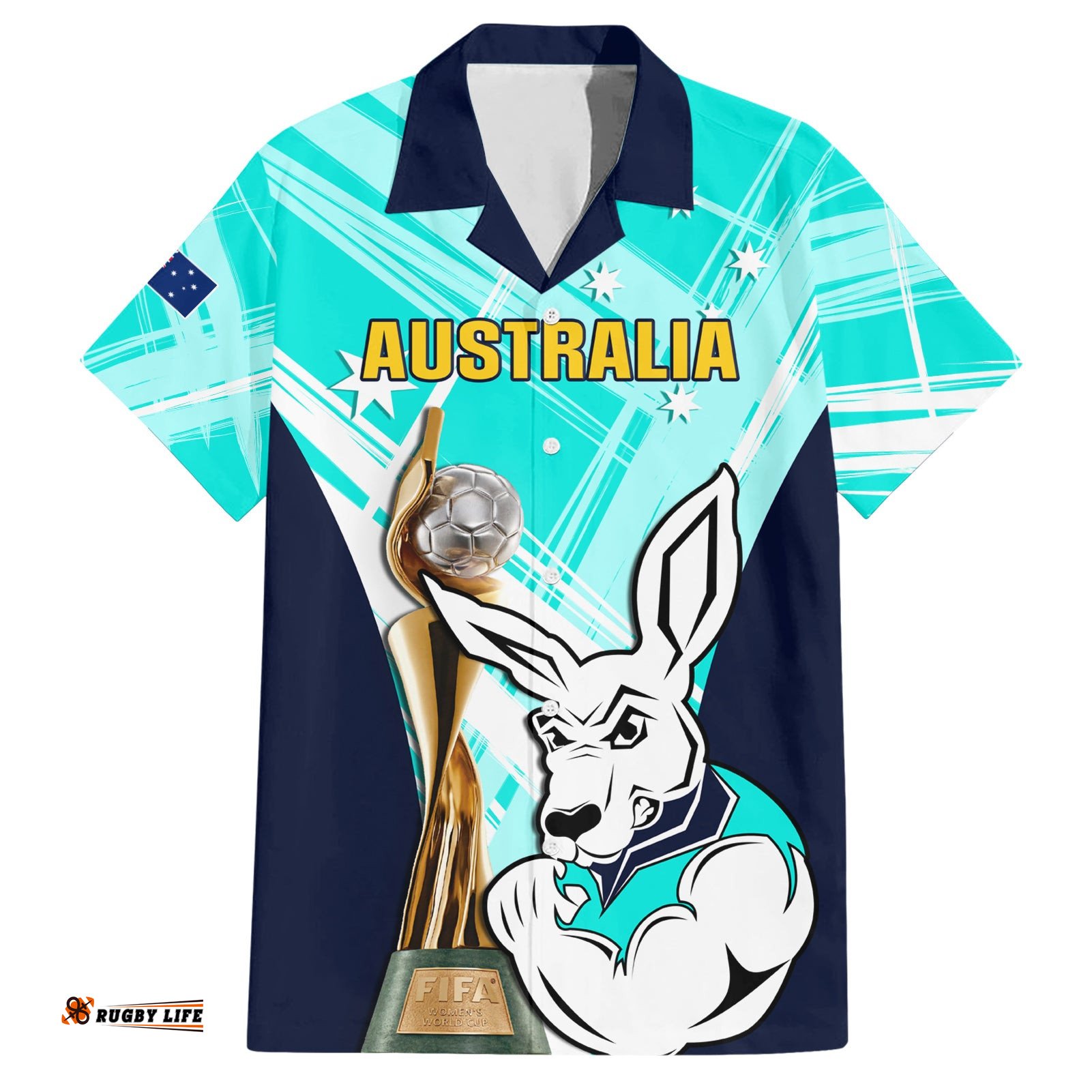 Custom Australia Soccer Hawaiian Shirt Matildas Kangaroo With World Cup Trophy Turquoise Version
