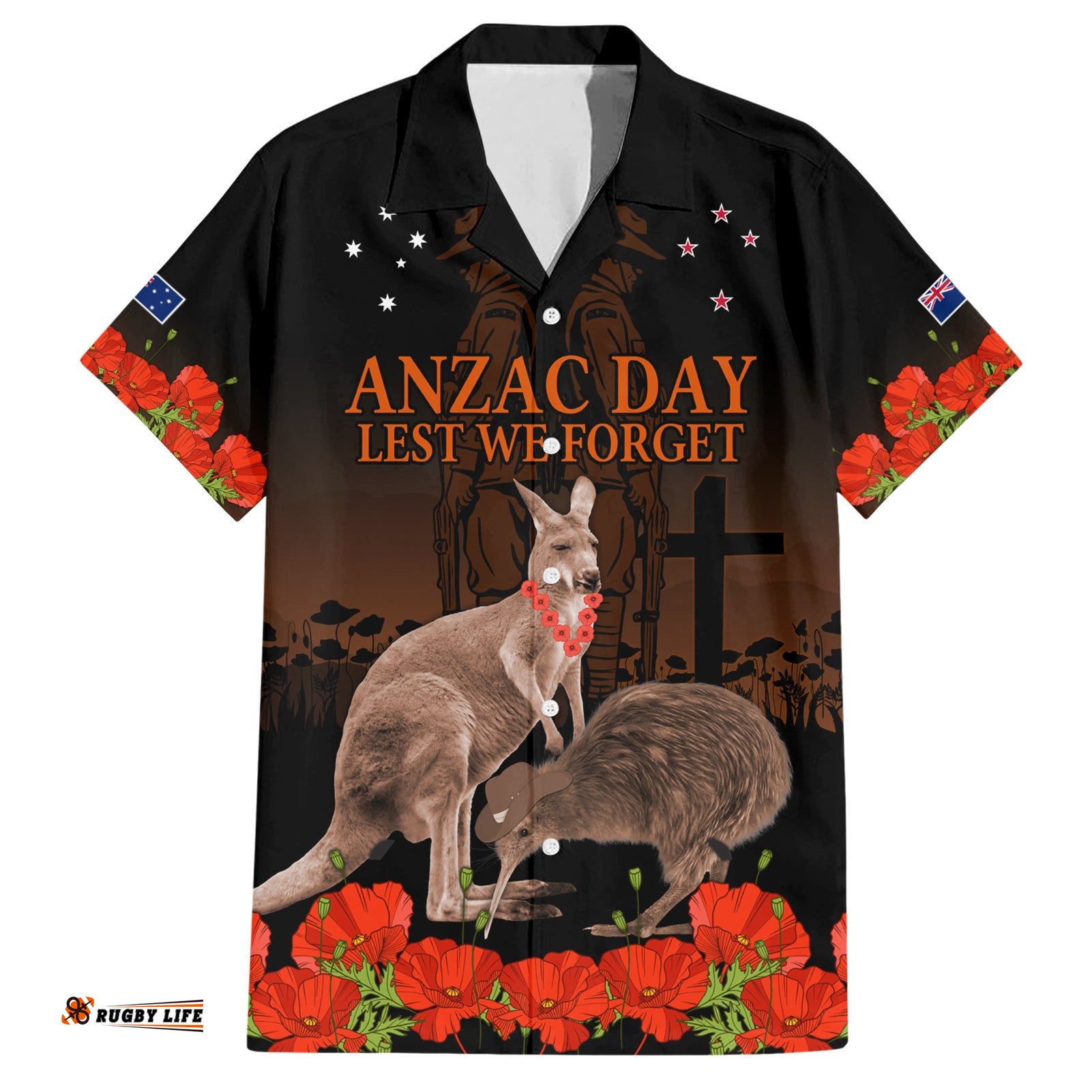 Kangaroo and Kiwi Bird ANZAC Day Custom Hawaiian Shirt Soldier Style