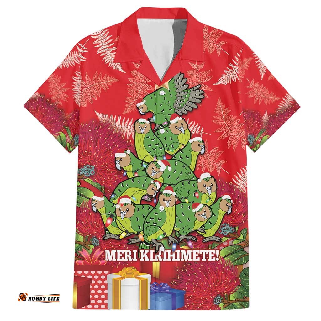 Kakapo New Zealand Christmas Hawaiian Shirt Meri Kirihimete Pohutukawa Red Color