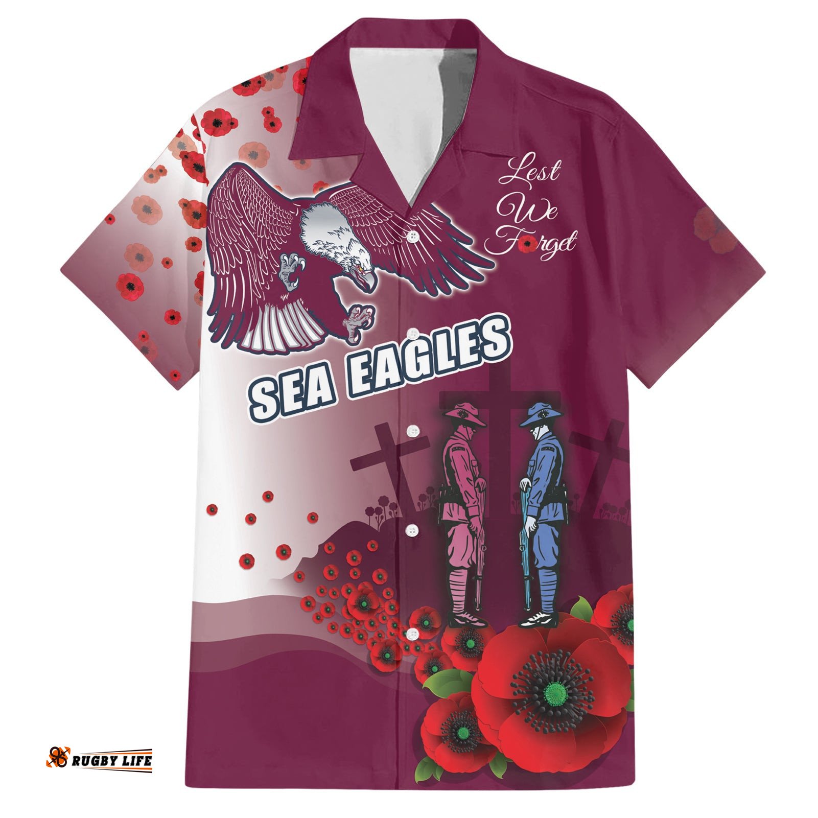 Custom Sea Eagle Rugby ANZAC Hawaiian Shirt The Military Soldiers with Red Poppy