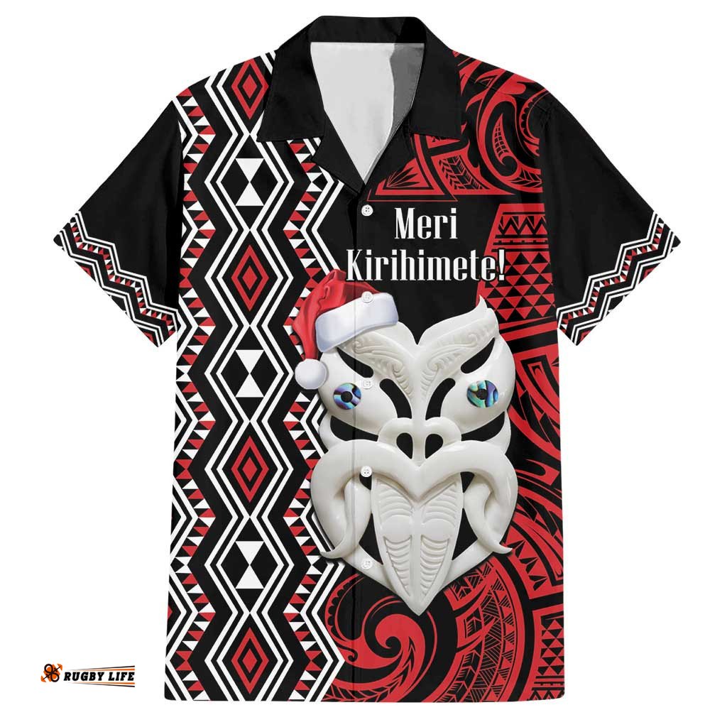 Personalised New Zealand Christmas Hawaiian Shirt Meri Kirihimete Maori Wheku Taniko Art