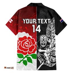 Custom New Zealand And England Rugby Hawaiian Shirt World Cup All Black Combine Red Roses