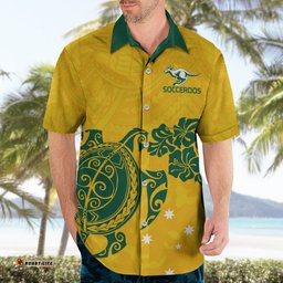 Custom Australia Soccer Hawaiian Shirt Socceroos Hibiscus and Turtle With Polynesian Pattern