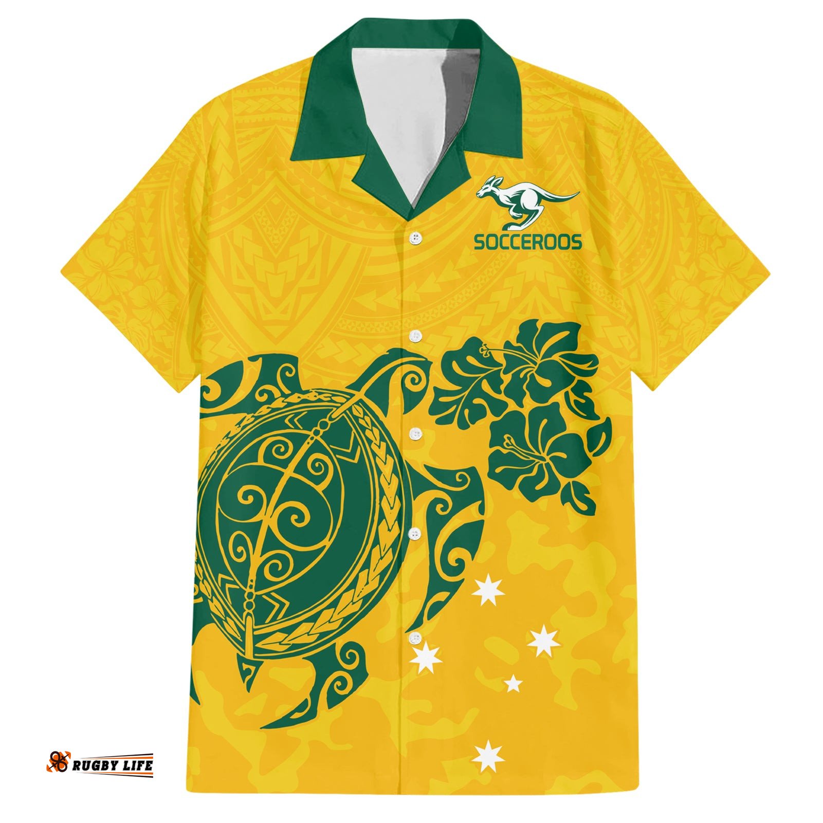 Custom Australia Soccer Hawaiian Shirt Socceroos Hibiscus and Turtle With Polynesian Pattern