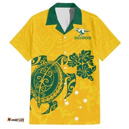 Custom Australia Soccer Hawaiian Shirt Socceroos Hibiscus and Turtle With Polynesian Pattern