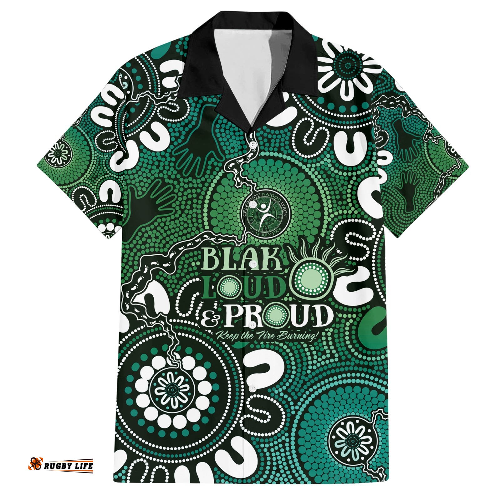 NAIDOC Week 2024 Fire Burning Hawaiian Shirt Aboriginal Dots Green Art