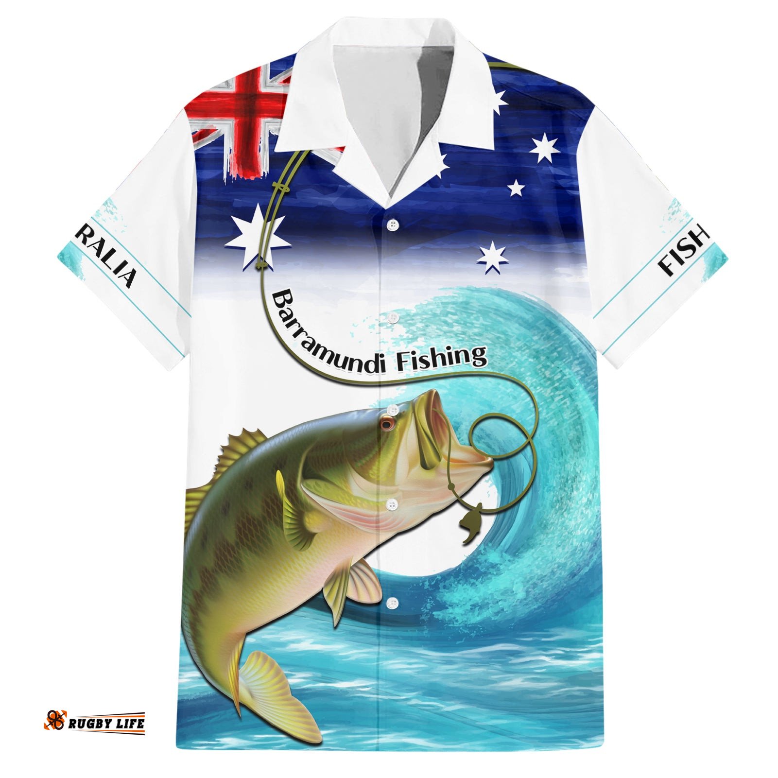 Personalised Australia Fishing Hawaiian Shirt Barramundi With Ocean Waves Flag Grunge Style