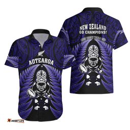 New Zealand Aotearoa Rugby Hawaiian Shirt NZ Tiki With Maori Fern World Cup Blue Version