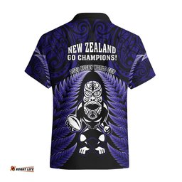 New Zealand Aotearoa Rugby Hawaiian Shirt NZ Tiki With Maori Fern World Cup Blue Version