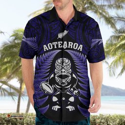 New Zealand Aotearoa Rugby Hawaiian Shirt NZ Tiki With Maori Fern World Cup Blue Version