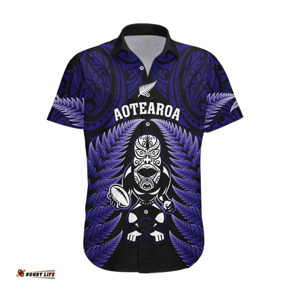 New Zealand Aotearoa Rugby Hawaiian Shirt NZ Tiki With Maori Fern World Cup Blue Version