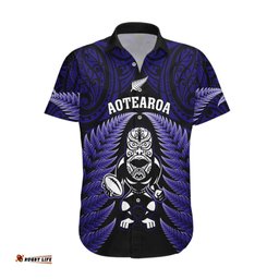New Zealand Aotearoa Rugby Hawaiian Shirt NZ Tiki With Maori Fern World Cup Blue Version