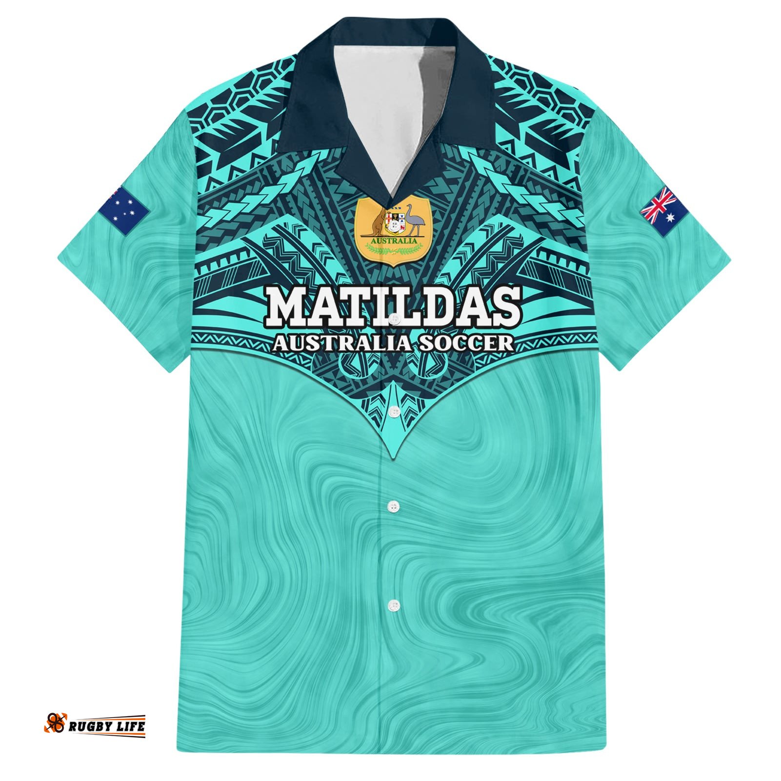 Custom Australia Matildas Hawaiian Shirt Polynesian Mix Turquoise Marble