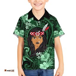 New Zealand Custom Women's Day Hawaiian Shirt Maori Girl Feathers of Hope Green
