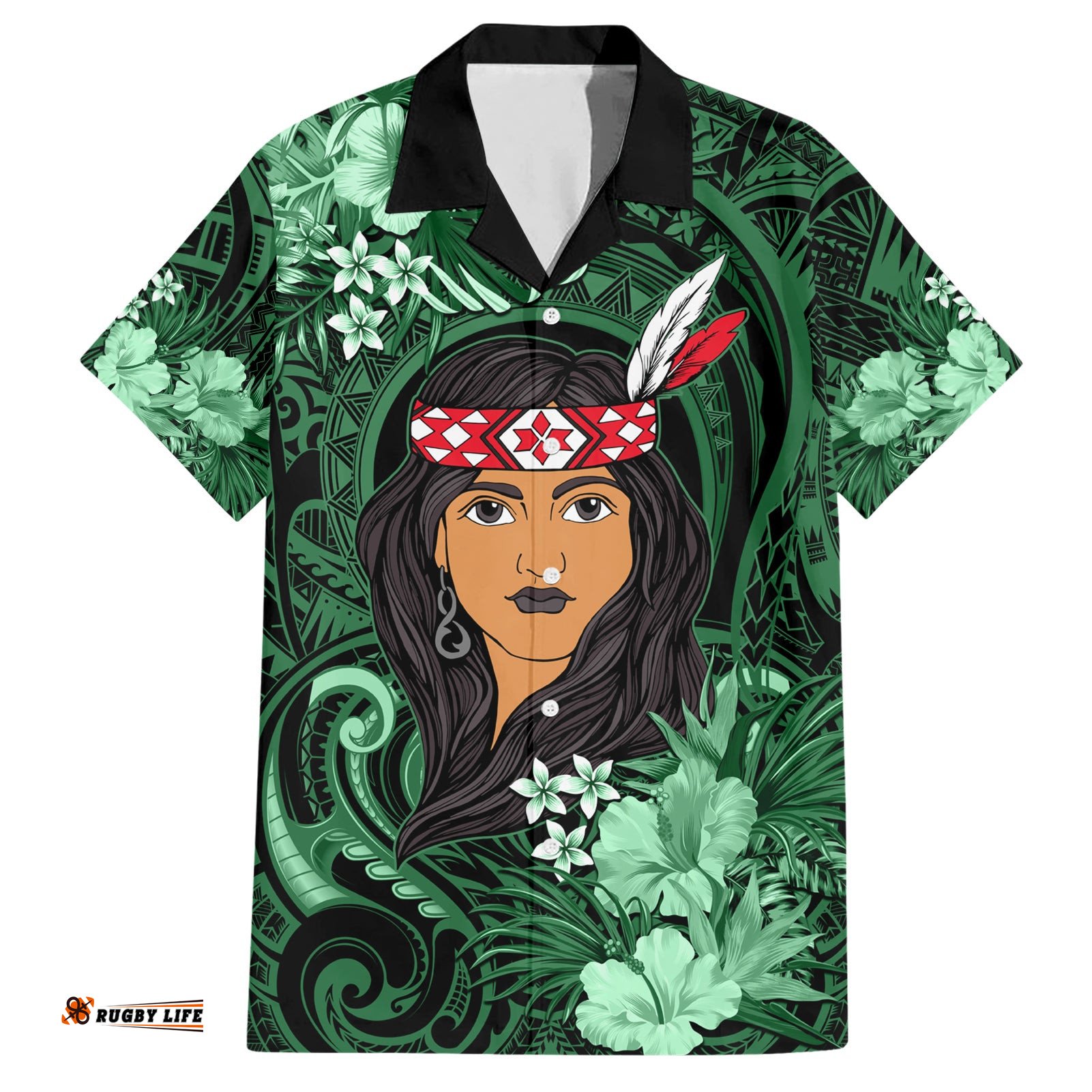 New Zealand Custom Women's Day Hawaiian Shirt Maori Girl Feathers of Hope Green