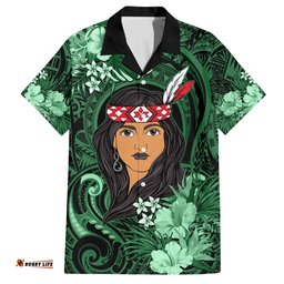 New Zealand Custom Women's Day Hawaiian Shirt Maori Girl Feathers of Hope Green