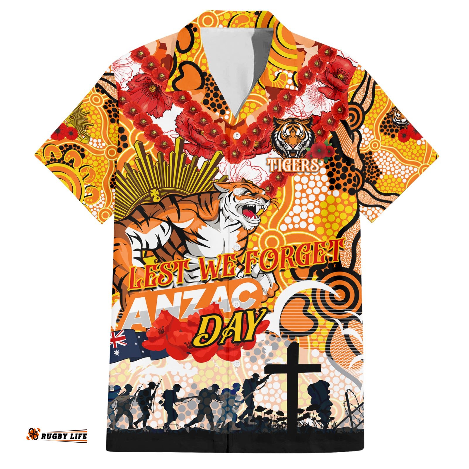 Personalised Tigers ANZAC Day Hawaiian Shirt Aboriginal Rising Sun