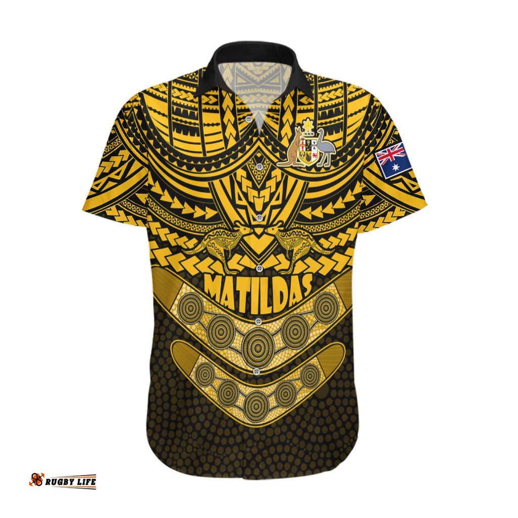 Matildas Soccer Hawaiian Shirt Polynesian and Aboriginal Gold Vibe
