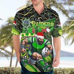 Merry Christmas Raiders Hawaiian Shirt Aboriginal Santa Rugby Mascot Canberra