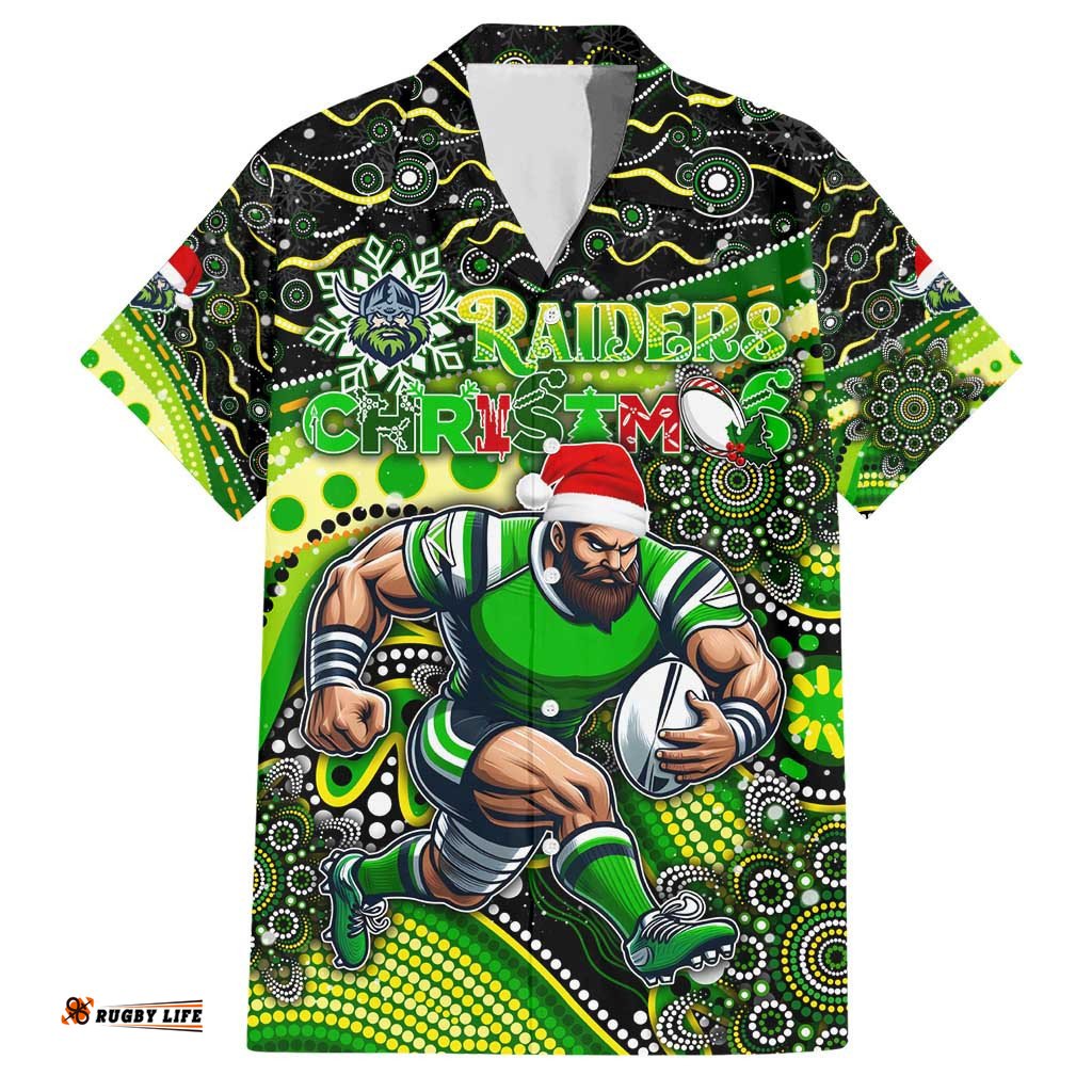 Merry Christmas Raiders Hawaiian Shirt Aboriginal Santa Rugby Mascot Canberra
