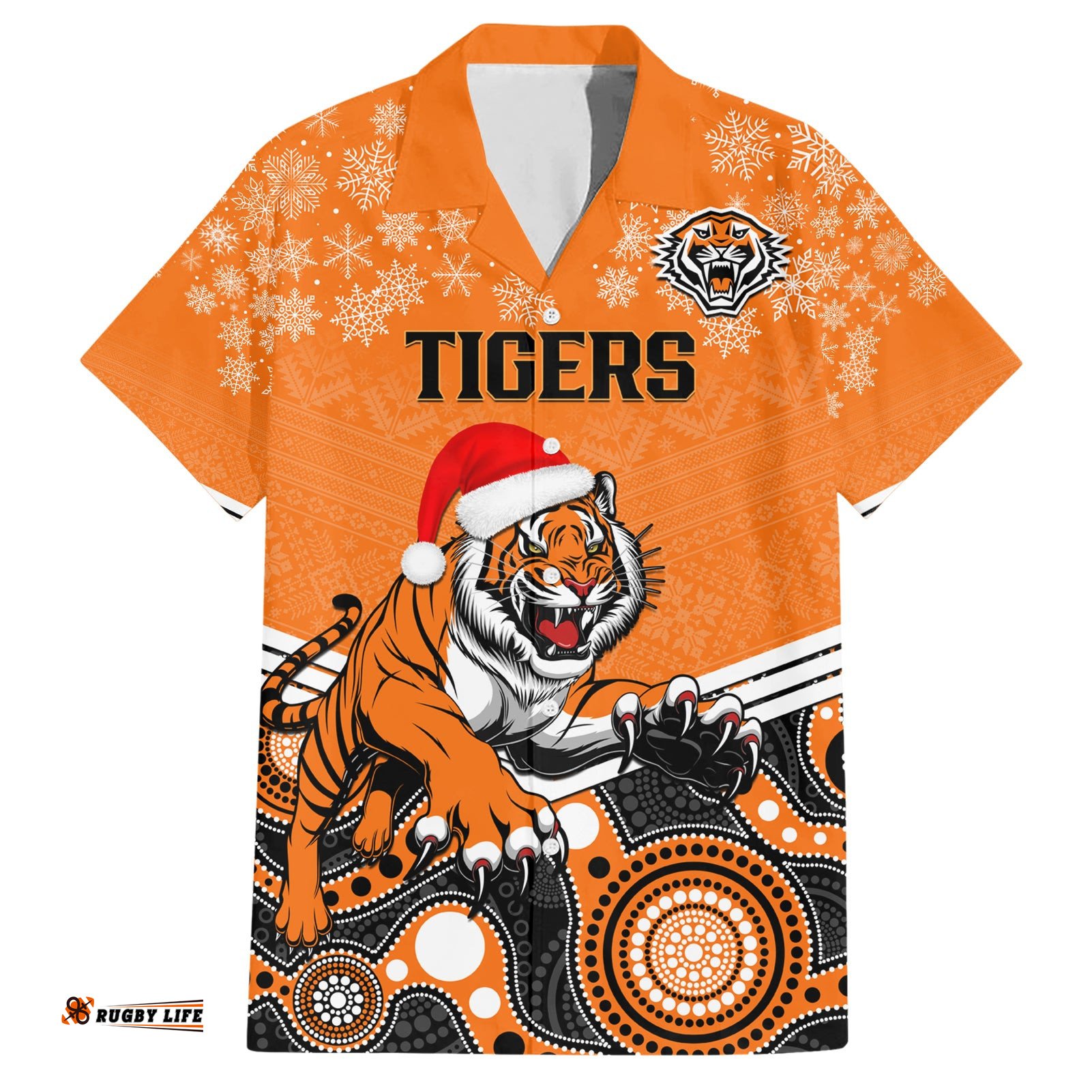 Custom Tigers Rugby Christmas Hawaiian Shirt Merry Xmas Mix Aboriginal Art