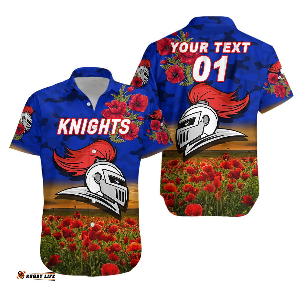 Custom Personalised Newcastle Knights ANZAC Hawaiian Shirt Poppy Flowers Vibes