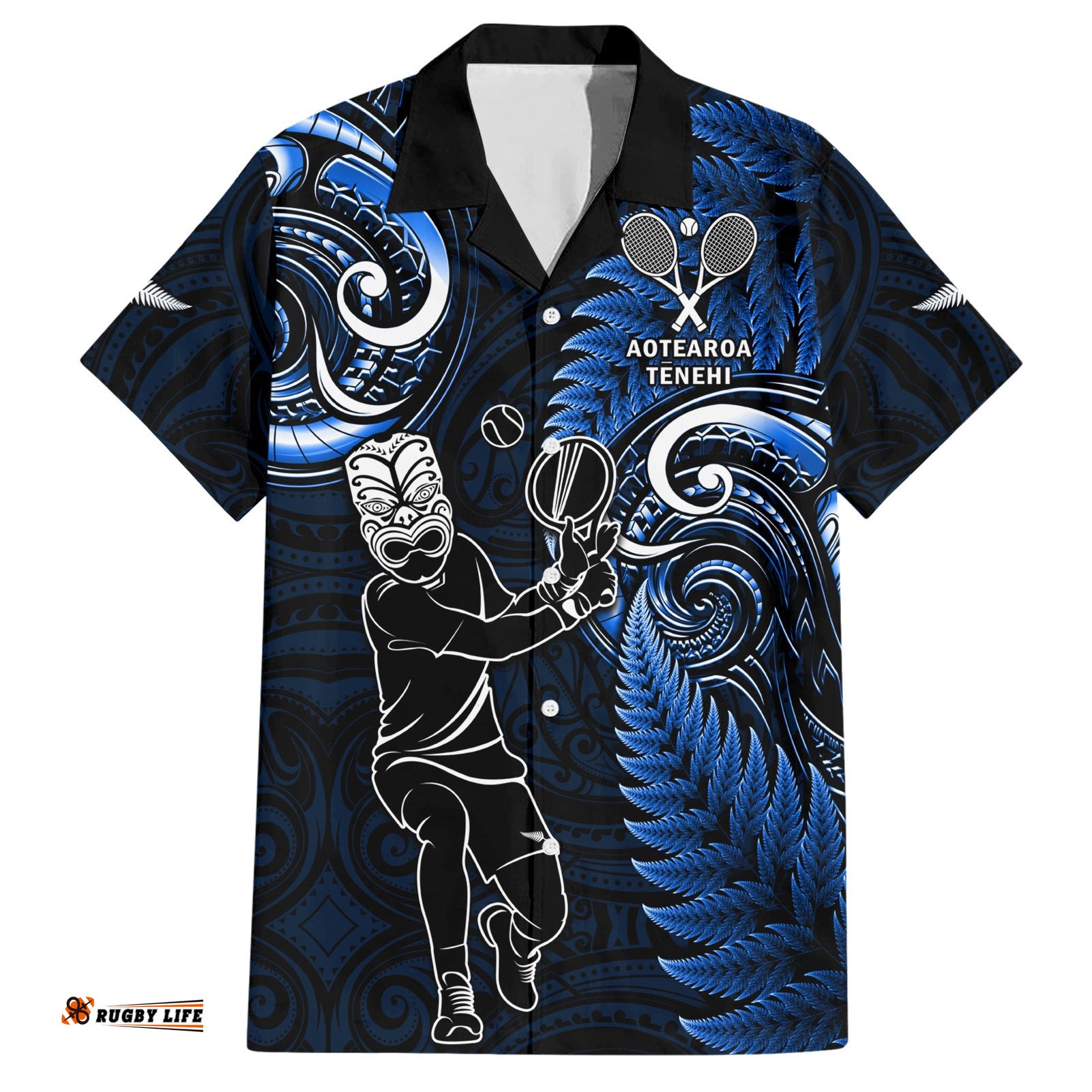 New Zealand Tiki Tennis Hawaiian Shirt 2024 Aotearoa Tenehi Maori Silver Fern Blue