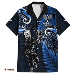 New Zealand Tiki Tennis Hawaiian Shirt 2024 Aotearoa Tenehi Maori Silver Fern Blue