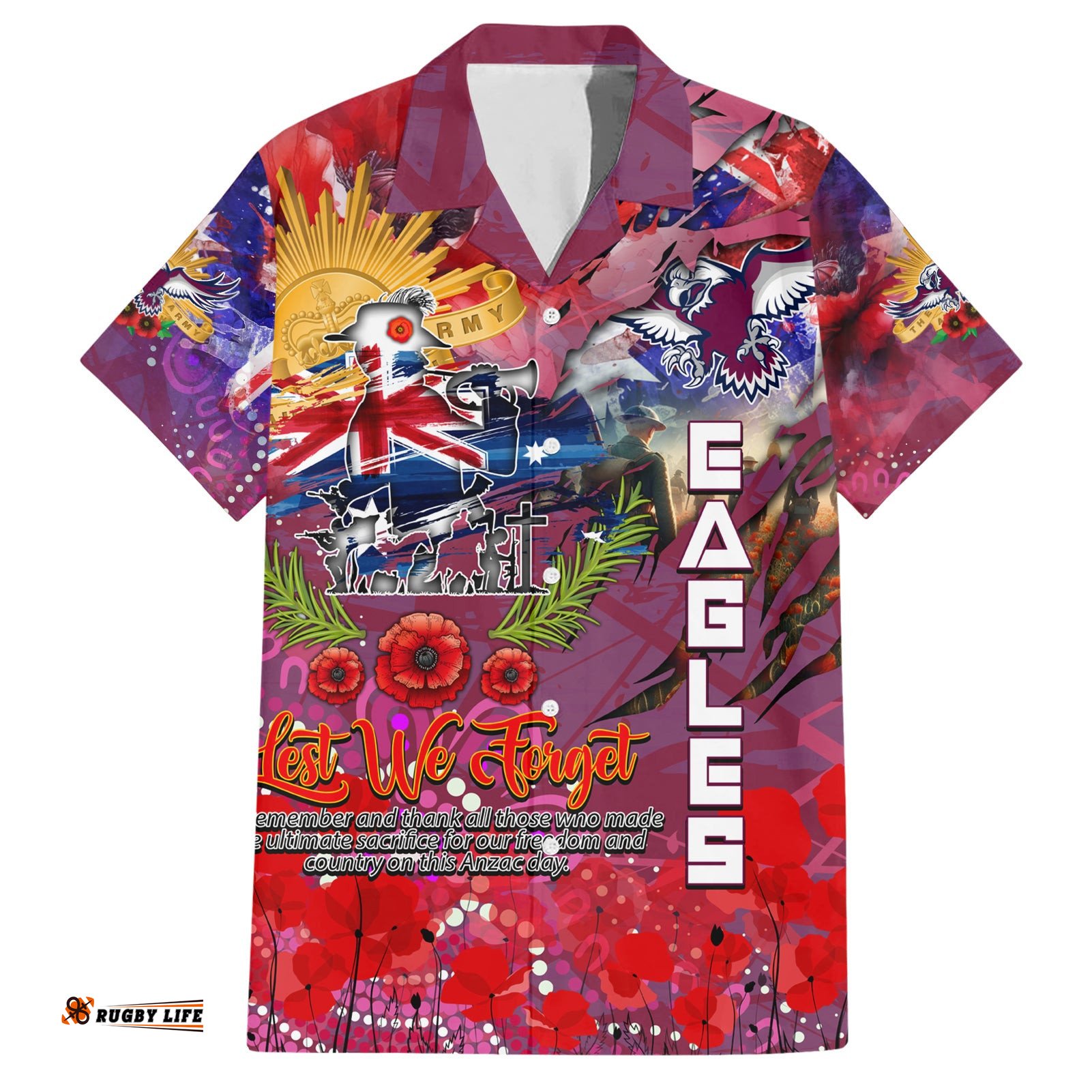 Personalised Australia Rugby Sea Eagles ANZAC Hawaiian Shirt ManlyWarringah Scratch Style