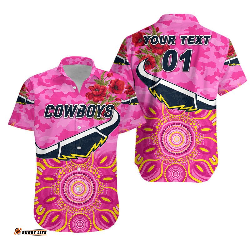 Custom Personalised North Queensland Cowboys ANZAC Hawaiian Shirt Indigenous Vibes Pink