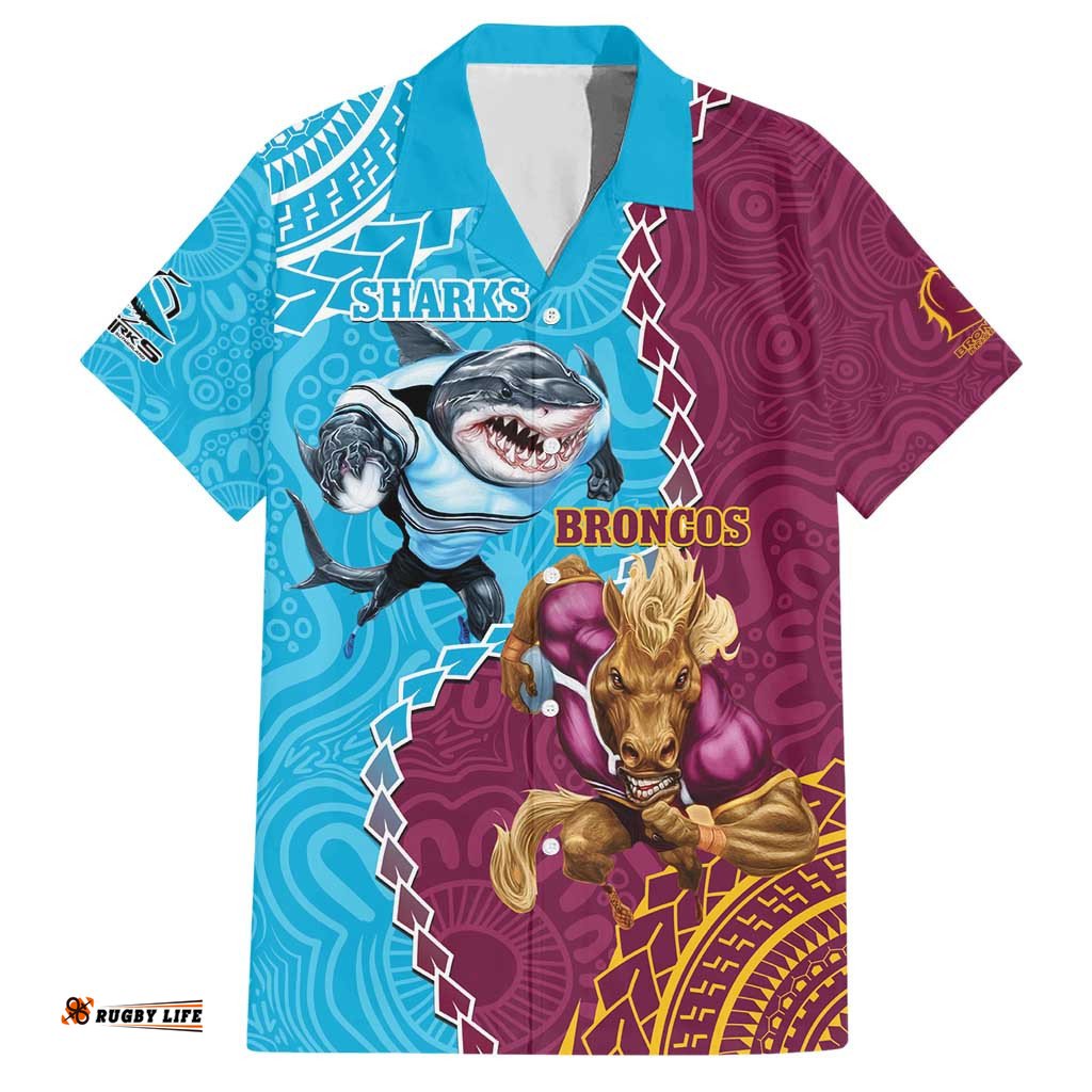 Personalised Sharks And Broncos Rugby Hawaiian Shirt Aboriginal Mix Polynesian Pattern