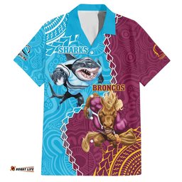 Personalised Sharks And Broncos Rugby Hawaiian Shirt Aboriginal Mix Polynesian Pattern