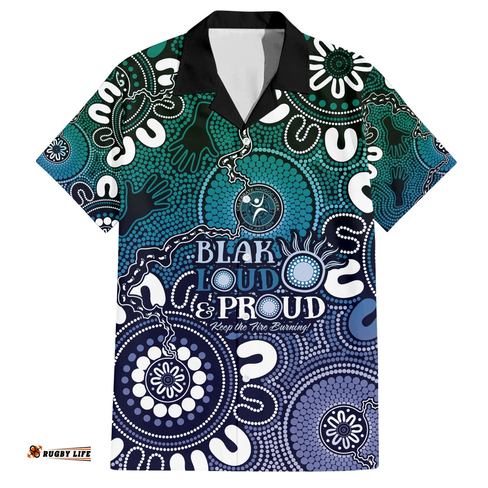 NAIDOC Week 2024 Fire Burning Hawaiian Shirt Aboriginal Dots Blue Art