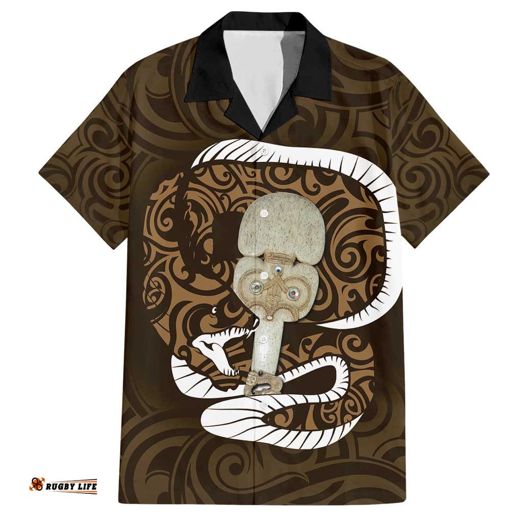 Gold New Zealand Eel Hawaiian Shirt Aotearoa Maori Tuna With Kotiate Weapon