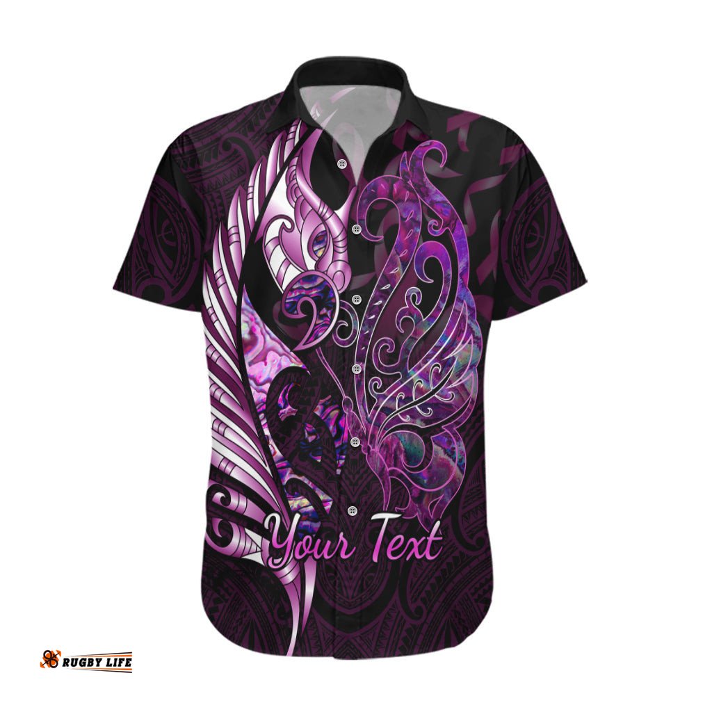 Personalised New Zealand Breast Cancer Hawaiian Shirt Fight Like A Girl Pink Manaia Fern With Paua Shell