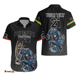 Custom Panthers Premier Hawaiian Shirt Mascot with NRL Trophy Black Version
