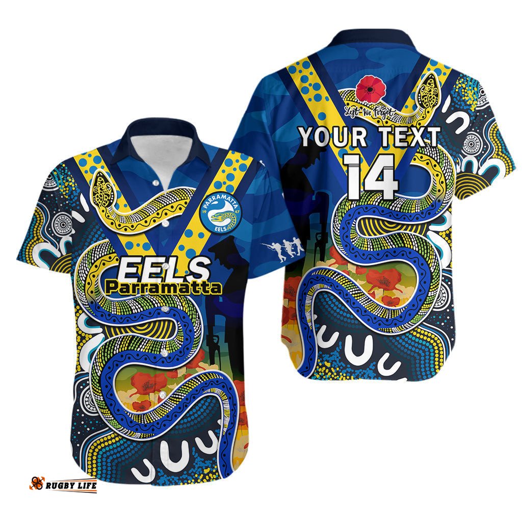Custom Text And Number Eels Rugby ANZAC Hawaiian Shirt Aboriginal Mix Poppy Lest We Forget