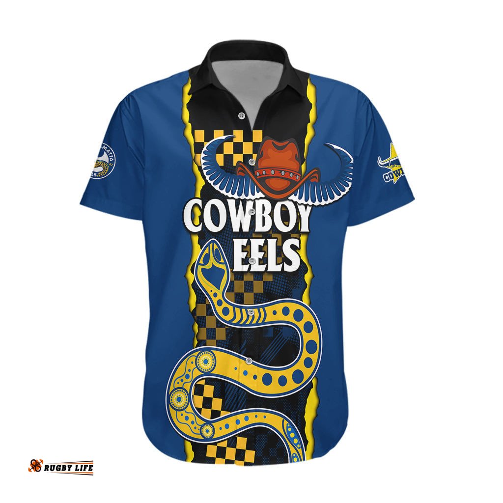 Custom Text And Number NRL Combine Cowboys and Parra Eels Hawaiian Shirt Sporty Style