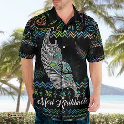 Personalised New Zealand Christmas Hawaiian Shirt Maori Fern Manaia Meri Kirihimete with Papaua Shell