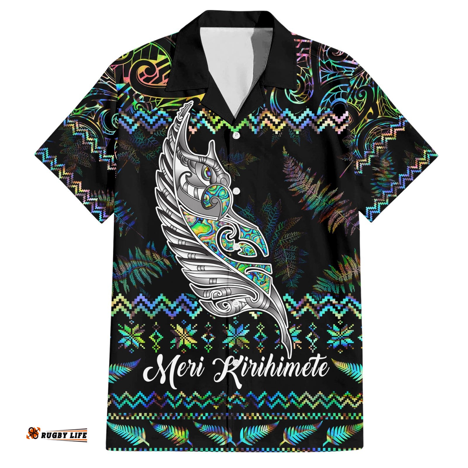 Personalised New Zealand Christmas Hawaiian Shirt Maori Fern Manaia Meri Kirihimete with Papaua Shell