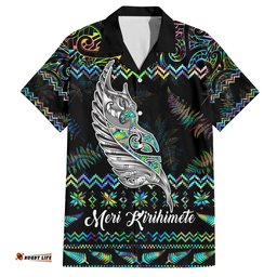Personalised New Zealand Christmas Hawaiian Shirt Maori Fern Manaia Meri Kirihimete with Papaua Shell