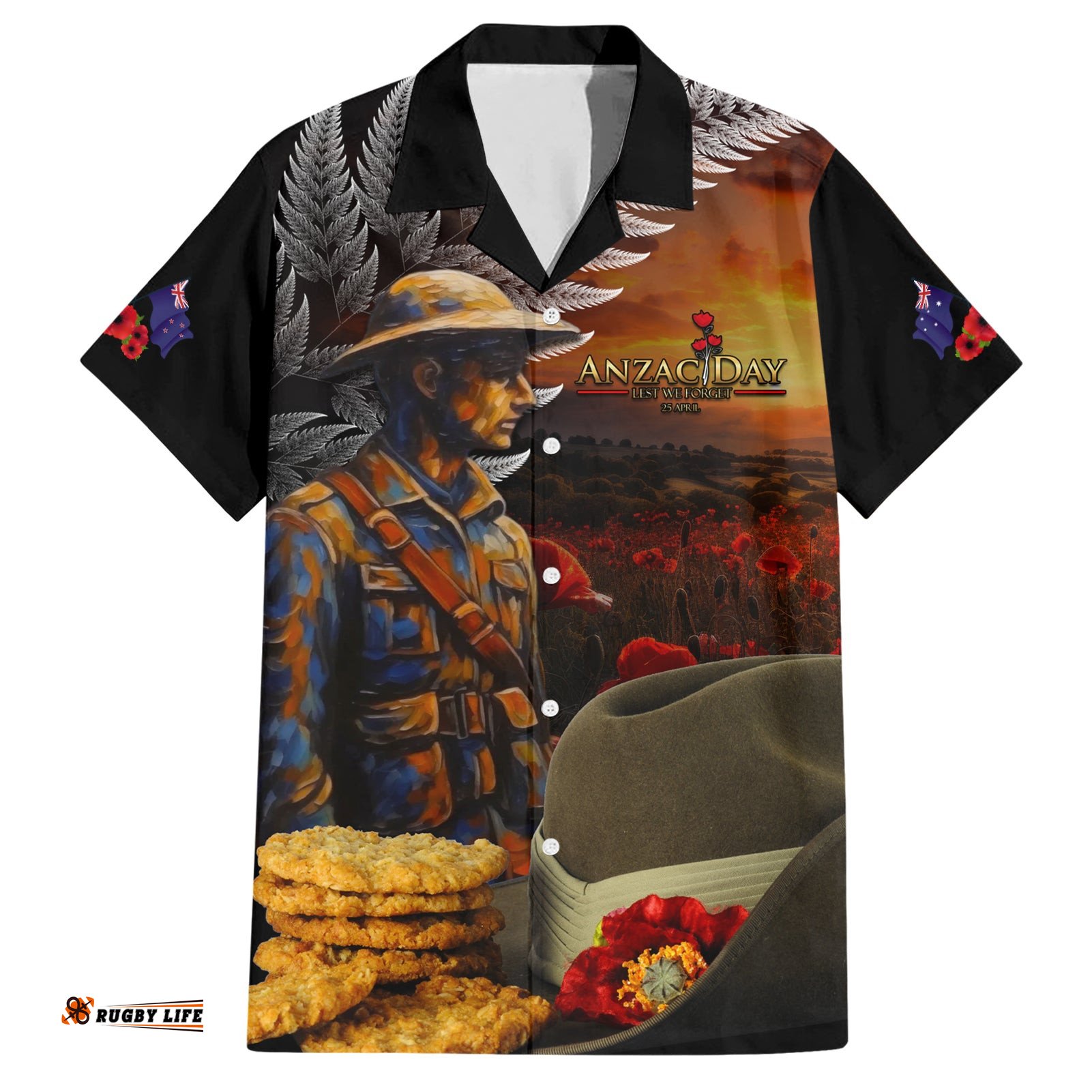 Slouch Hat and Biscuits ANZAC Hawaiian Shirt with Soldier Silver Fern