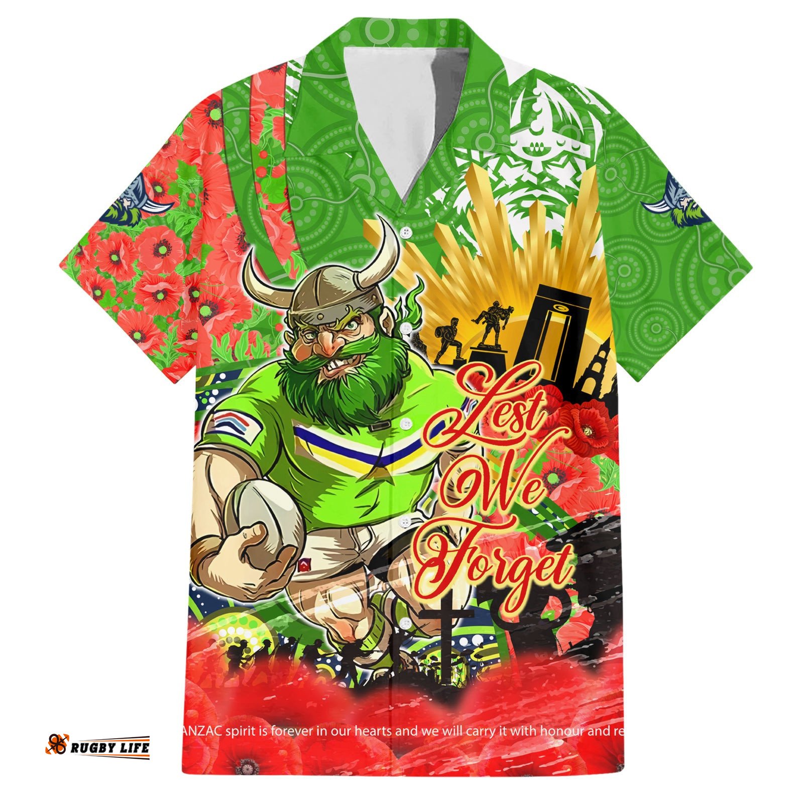 Personalised Mascot Raiders ANZAC Hawaiian Shirt Lest We Forget